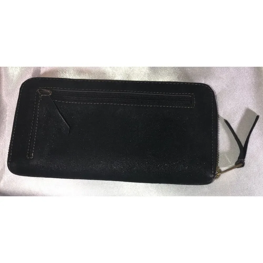 Fossil Wallet Cowhide Leather Zip Around Black 12 Credit Card Slots 7.5